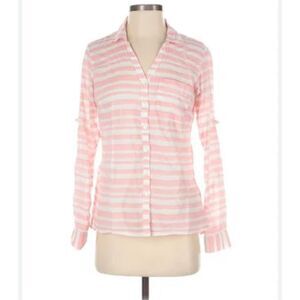Columbia Shirt Womens Large Pink Striped V Neck Button Up Roll Up Tab Sleeve. Si